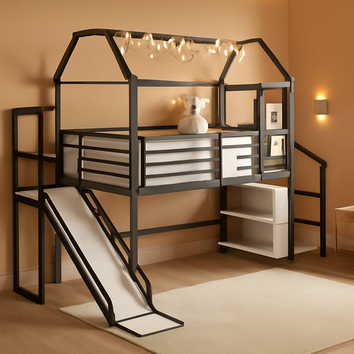 Twin Loft Bed With Slide Black PlayhouseStorageSystem