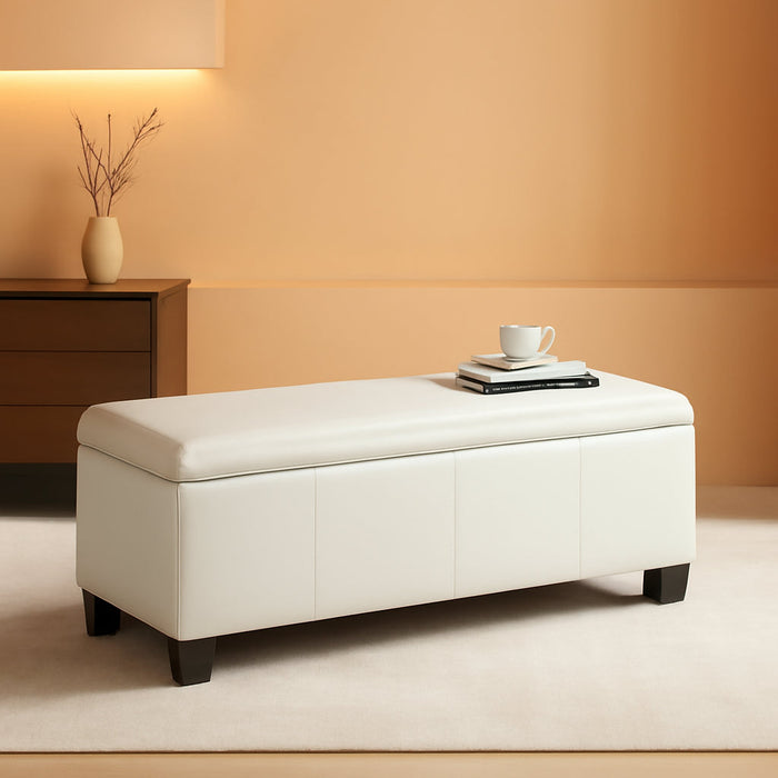 41" Faux Leather Storage Ottoman, Stitch Tufted Rectangle Upholstered End of Bed Storage Bench, Entryway Large Couch Ottoman with Wooden Legs,White