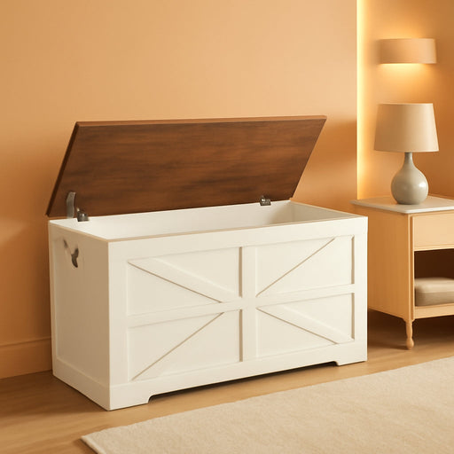 Storage Chest, 43.3" Toy Chest Storage, Farmhouse Storage Bench with Safety Hinge, Storage Trunk, for Bedroom, Living Room, Walnut and White MCW11WL
