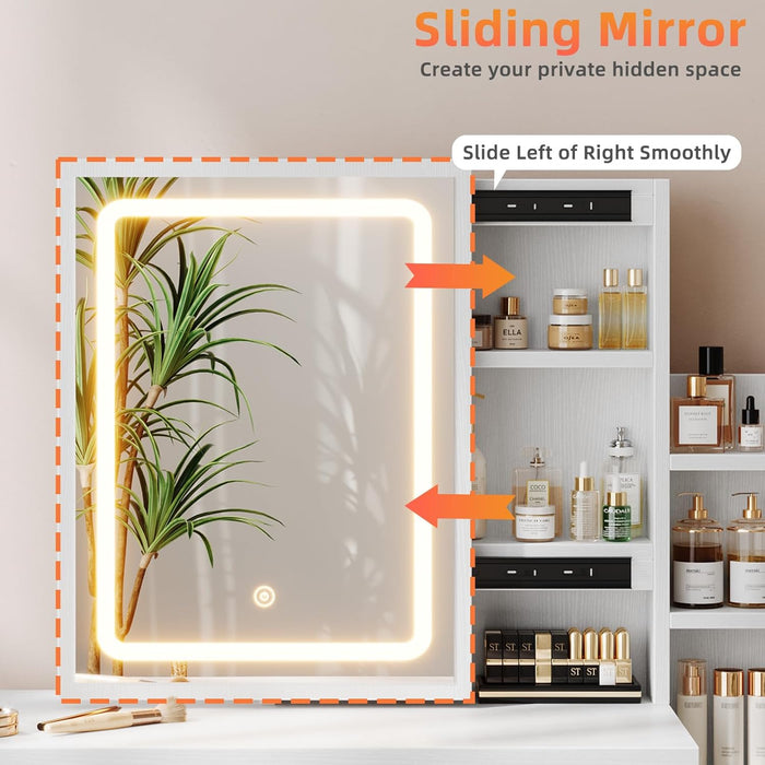 Vanity Desk with Mirror and Lights, Makeup Vanity with 3 Adjustable Lighting Modes, Small Vanity Desk with Sliding Mirror, 4 Drawers, 7 Shelves, Vanity Chair for Bedroom White