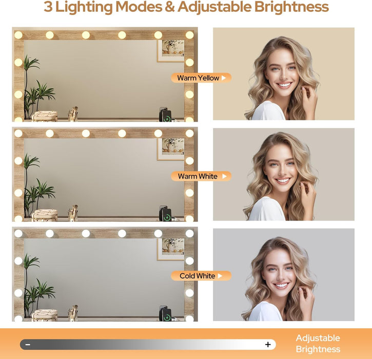 47" Fluted Vanity Desk with 42" Mirror & LED Lights, Large 9 Drawers Makeup Vanity Table with Tempered Glass Top & Charging Station, Waterfall Edge Design for Women&Girls, Bedroom or Dorm, Natural Oak