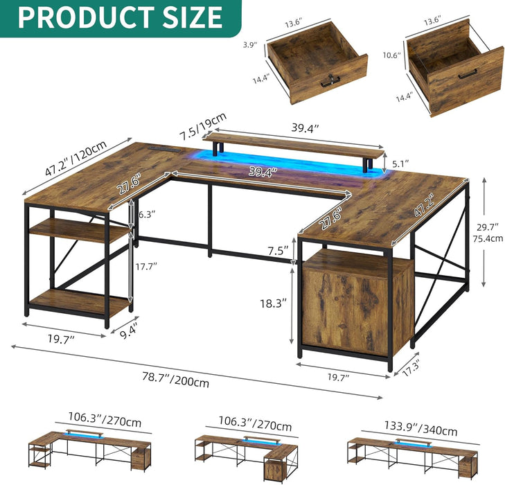 U Shaped Desk with Power Outlets & LED Lights, 79" Reversible L Shaped Desk with Drawers, Corner Computer Desk Office Desk with Monitor Stand & Storage Shelves, Rustic Brown