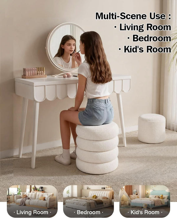 Round Set of 2 Sherpa Storage Ottoman Stool Boucle Vanity Stool Footstool with Removeable Lid Load up to 440 Lbs for Livingroom Bedroom White UASND68W