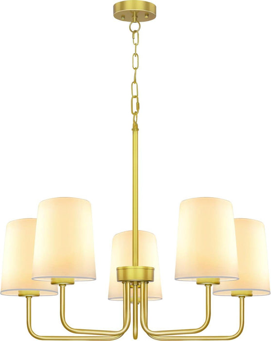 Farmhouse Chandelier, 5-Light Gold Chandelier with White Fabric Shade, Height Adjustable Modern Dining Room Light Fixture with E26 Base for Bedroom Foyer Hallway Entryway Kitchen Living Room