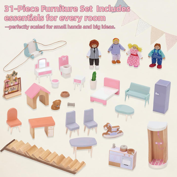 Wooden Dolls House for Toddlers Aged 3–5: Complete Set with Furniture, 4 Family Member Dolls, and a Pet Dog – Villa-Style Design for Indoor Play. Ideal Dollhouses for Children Aged 3 to 8