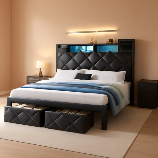 Queen Size Bed Frame with 2 Storage Drawers and Storage Headboard, Upholstered Platform with Charging Station and LED Light, No Box Spring Needed, Noise Free, Easy Assembly, PU Leather Black