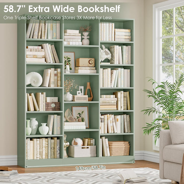 Triple Wide Bookshelf, 6 Tier Large Bookshelf, Bookcase with 17 Open Display Shelves, 74'' Tall Bookcases and Bookshelves for Living Room, Home Office, Library, Green