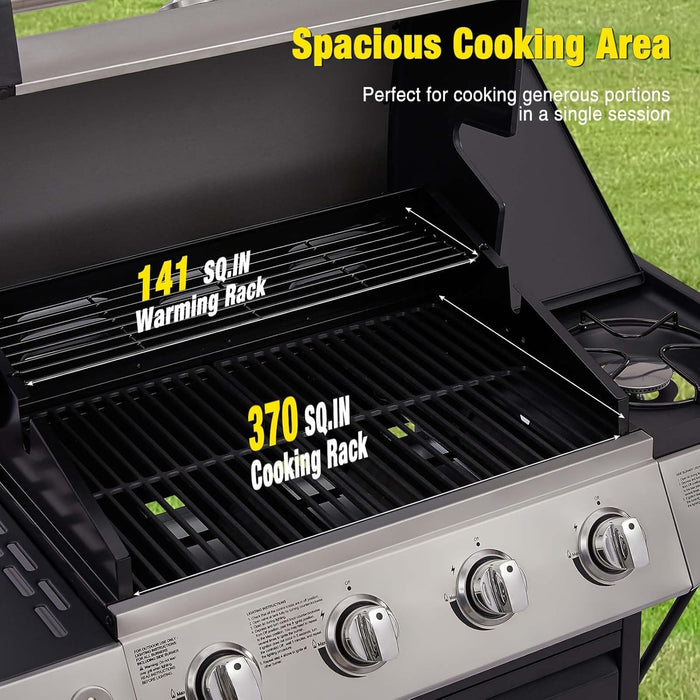 4-Burner Propane Gas Grill with Side Burner, Portable BBQ Grills with Oil Tray and Built-In Thermometer for Outdoor Barbecue, Camping, Patio, Backyard, 49,000 BTU