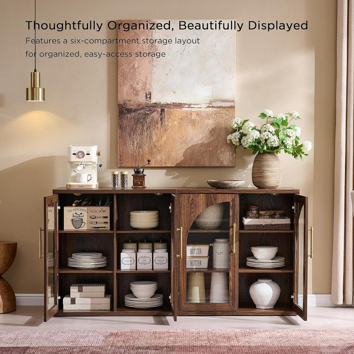 Glass Arched Door Sideboard Buffet Cabinet Set of 2, Brown | Modular, Multi-Compartment Storage, Adjustable Shelf, Soft Close Hinges, Freestanding, for Dining Room, Living Room