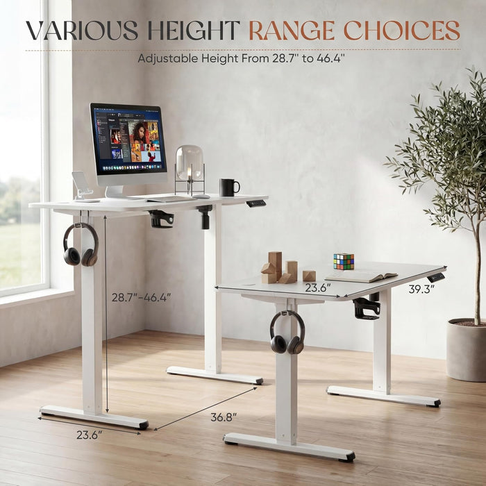 Electric Standing Desk, 40 X 24 Inches Height Adjustable Sit Stand up Desk, Memory Preset Computer Home Office Desks with Sturdy Metal Frame, Phone Stand Cable Management Hole (White, 40'')