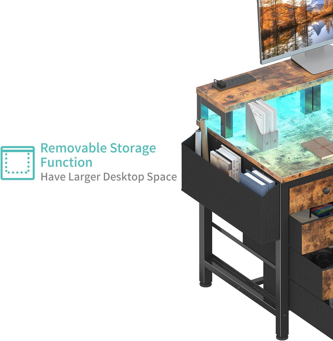 Computer Desk with Fabric Drawers, 47 Inch Home Office Desk with Monitor Stand, Gaming Desk with LED Lights and Power Outlets, Rustic Brown
