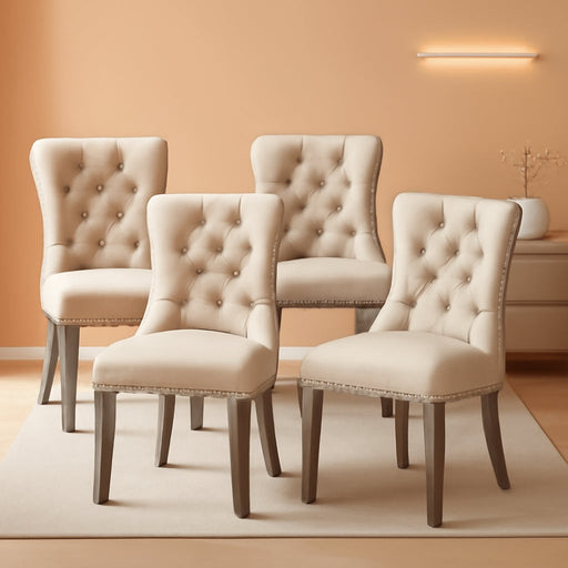 Velvet Dining Chairs Set of 4,Upholstered Dining Chairs with Ring Pull Trim and Button Back,Modern Seating for Living Room, Bedroom, Kitchen (Beige)