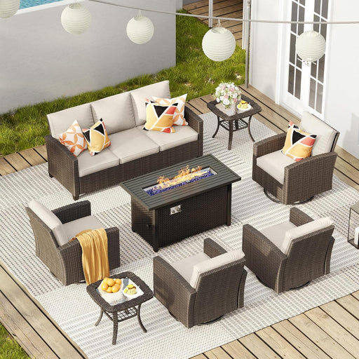 8 Pieces Patio Furniture Set with 45-Inch Firepit, Outdoor Wicker Conversation Set with 3-Seat Sofa, 4 Swivel Rocker and Metal Top Fire Pit Table & 2 Side Table for Garden, Beige Cushion