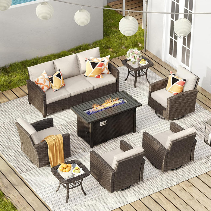 8 Pieces Patio Furniture Set with 45-Inch Firepit, Outdoor Wicker Conversation Set with 3-Seat Sofa, 4 Swivel Rocker and Metal Top Fire Pit Table & 2 Side Table for Garden, Beige Cushion