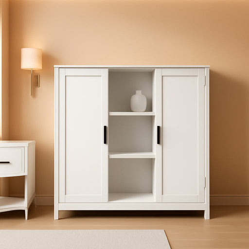 Storage Cabinet with 2 Doors and 4 Storage Shelves, Credenza Buffet Cabinet, Bathroom Cabinet for Living Room, Entryway, Home Office, White