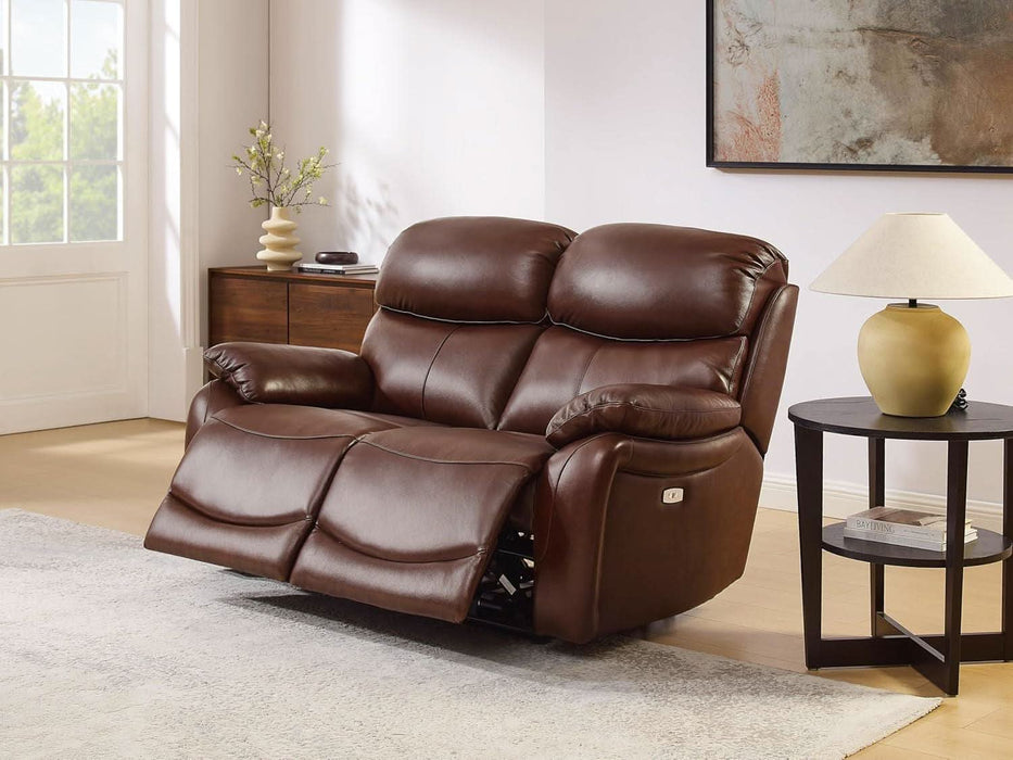 Brown Power Top Grain Leather Recliner Sofa Loveseat Set with USB Port, Genuine Leather Living Room Recliner Furniture Sofa Set, Reclining Couch Loveseat with Cup Holders.