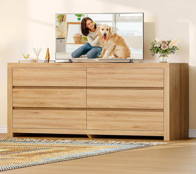 55" Dresser for Bedroom with 6 Drawers, Modern Dressers & Chests of Drawers with Thicker Panels, Wooden Dresser TV Stand, Bedroom Dressers, for Bedroom, Hallway, Natural