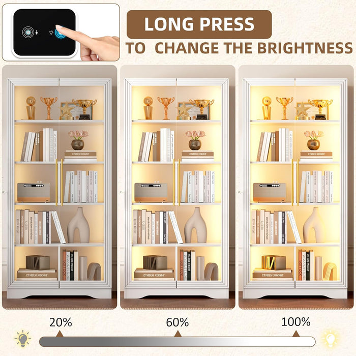Display Cabinet with Glass Doors, 65" Tall Bookcase with LED Lights/Human Body Sensor, Display Case for Collectibles with Storage, Bedroom, Home Office, Living Room, White