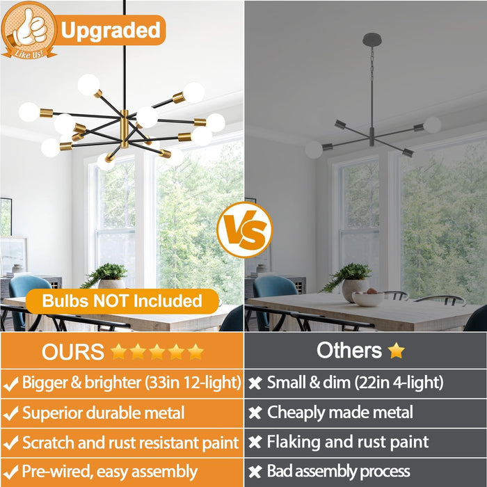 33" Modern Chandelier Ceiling Light Fixture, 12-Light Sputnik Chandeliers Gold and Black Mid Century Chandelier over Table, Height Adjustable Chandeliers for Dining Room Living Room Kitchen Island