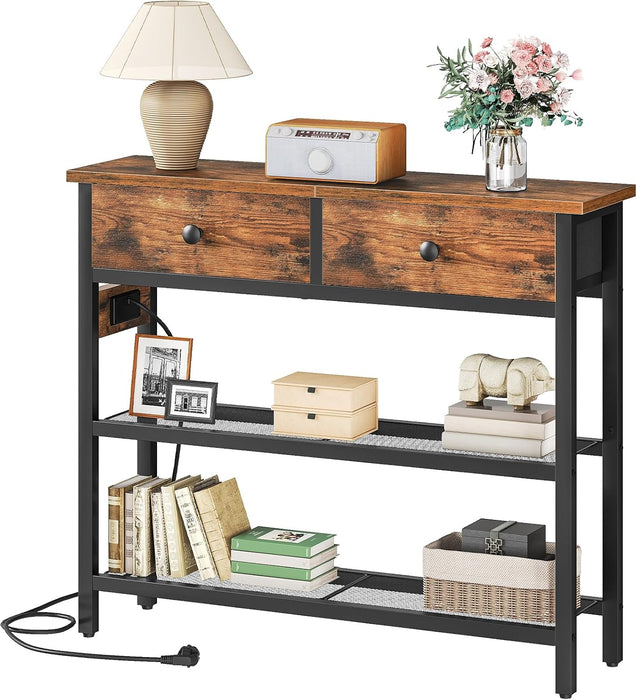 29.5" Narrow Console Table with Power Outlet, Small Entryway Table with 2 Fabric Drawers, behind Couch Table Sofa, 3-Tier Storage Shelves, for Living Room, Hallway, Rustic Brown BF72UXG01