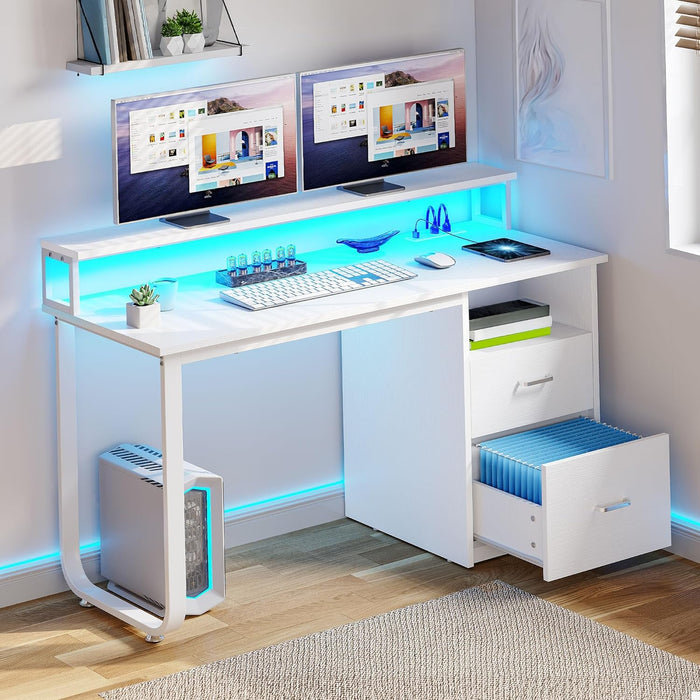Computer Desk with Drawers, 47.2" Office Desk with Power Outlets & LED Light, Home Office Desk with Storage Shelves, White