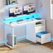 Computer Desk with Drawers, 47.2" Office Desk with Power Outlets & LED Light, Home Office Desk with Storage Shelves, White