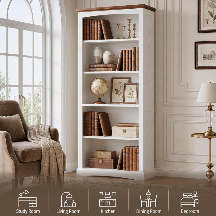 Farmhouse Bookcase 70 Inches Tall White TwoToneFinish