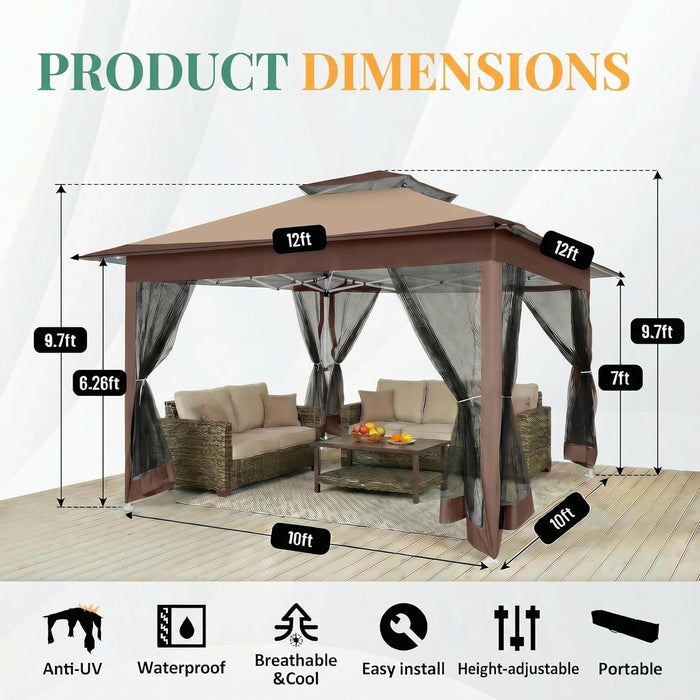 12X12 Pop up Gazebos on Clearance - Upgrade Easy up Metal Outdoor Gazebo Waterproof - Portable Gazebo with Mosquito Nettings, 4 Ropes 8 Stakes and Carry Bag for Patio Garden(Coffee)