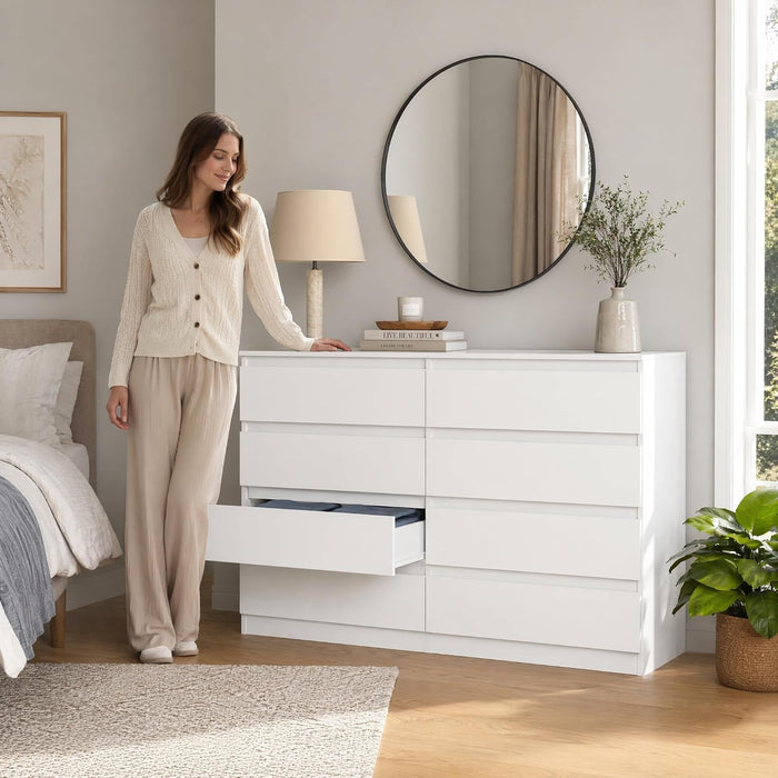 White 8 Drawer Dresser for Bedroom,Modern Deep Drawer Dresser,Wide Storage Chest of Drawer for Closet,Wood Storage Organizer Furniture for Living Room