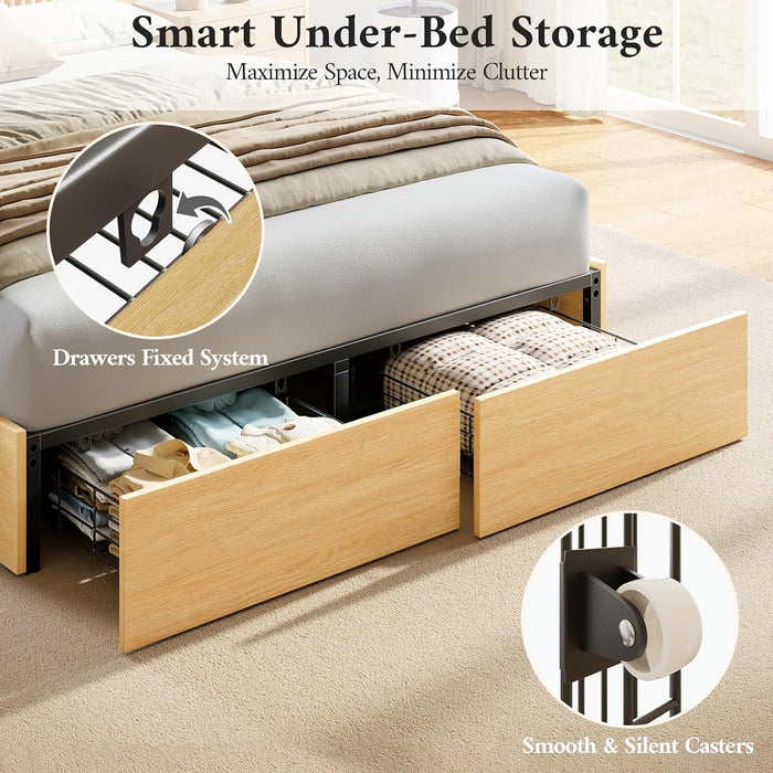 Full Size Bed Frame with Headboard and Storage Drawers, Full Platform Bed Frame with LED Lights and Charging Station, Fluted Wood Grain Design, No Box Spring Needed, Oak