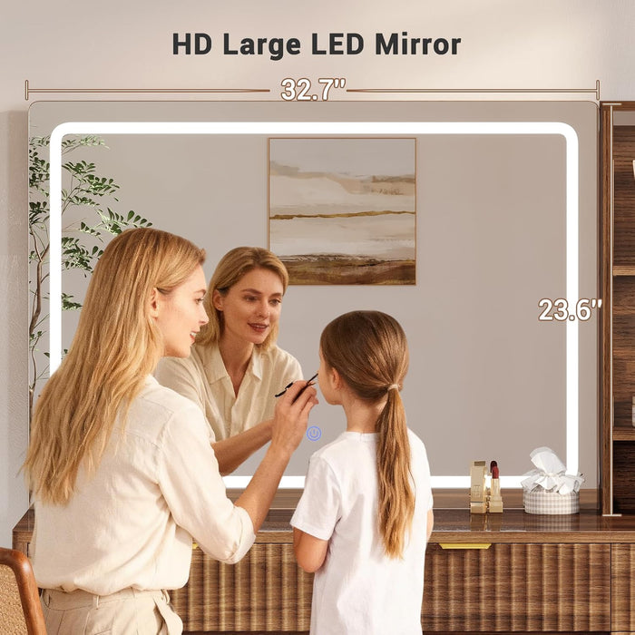 Fluted Vanity Desk with Large 32.7" Mirror and Lights, 47.4" Makeup Vanity with 7 Drawers & Glass Cabinet, Vanity Table with Charging Station & Storage Shelves, Brown