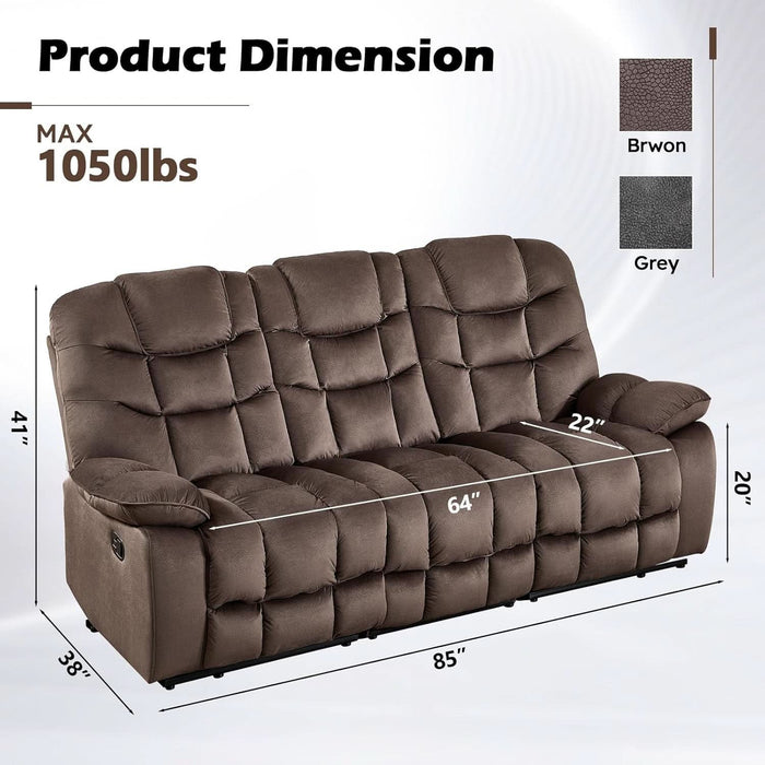 3 Seat Manual Reclining Sofa, Soft Fabric Recliner Couch with Padded Headrest and Armrests, 85" Wide Overstuffed 3-Seater Recliner Couches for Living Room, Brown