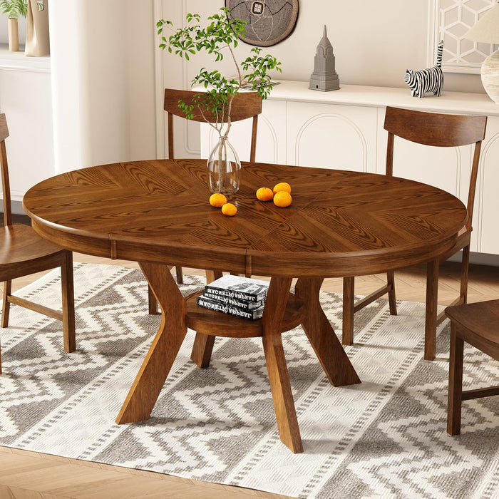43.7In-59In Solid Wood Frame round Extendable Dining Table for 4-8, Modern Kitchen Oval Dining Table with Wooden Pedestal Base, Unique Wood Grain with Storage Shelf for Kitchen Living Room