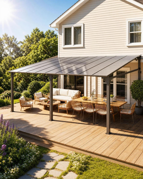 12'X20' Lean-To Wall-Mounted Hardtop Gazebo, 6Mm Uv-Resistant Polycarbonate Roof, Reinforced Aluminum Frame, All-Weather Pergola for Patio, Deck, Backyard, Lawn