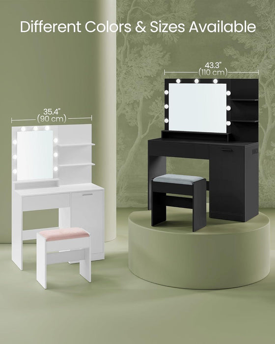 Vanity Desk with Mirror and Lights, 43.3-Inch Wide Makeup Vanity with Upholstered Vanity Stool, Power Outlets, Dimmable LED Lights, Storage Drawer, for Bedroom, Ink Black URDT628B01