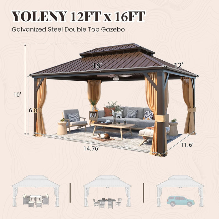 12' X 16' Hardtop Gazebo with Galvanized Steel Double Roof, Aluminum Pergolas Frame, Curtains and Netting Included, Metal Outdoor Gazebos for Garden, Patios, Lawns, Parties