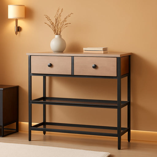 29.5" Narrow Console Table with 2 Fabric Drawers, Sofa Table, Small Entryway Table with 3-Tier Storage Shelves, behind Couch Table, for Living Room, Hallway, Greige and Black BG72XG01