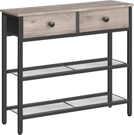 29.5" Narrow Console Table with 2 Fabric Drawers, Sofa Table, Small Entryway Table with 3-Tier Storage Shelves, behind Couch Table, for Living Room, Hallway, Greige and Black BG72XG01