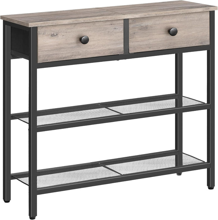 29.5" Narrow Console Table with 2 Fabric Drawers, Sofa Table, Small Entryway Table with 3-Tier Storage Shelves, behind Couch Table, for Living Room, Hallway, Greige and Black BG72XG01