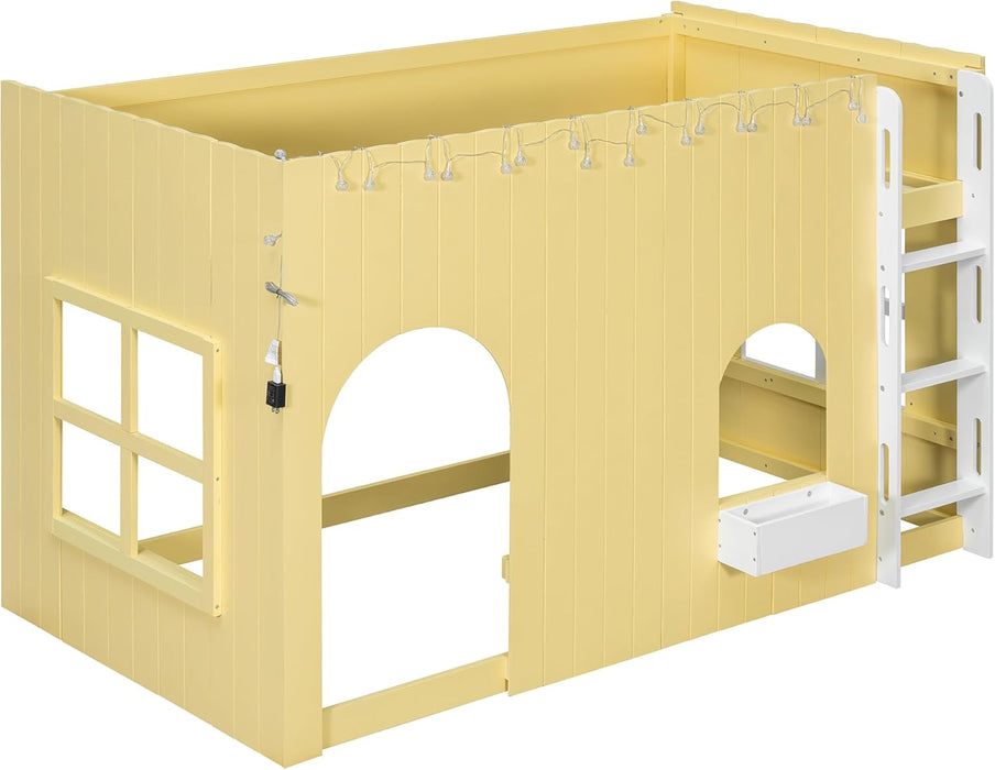 Twin-Size Solid-Wood Loft Bed With LED-Illuminated Yellow