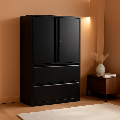 Brigade 800 Series Lateral File Cabinet with Storage, Letter/Legal, 2-Drawer, Black, 19 1/4" D