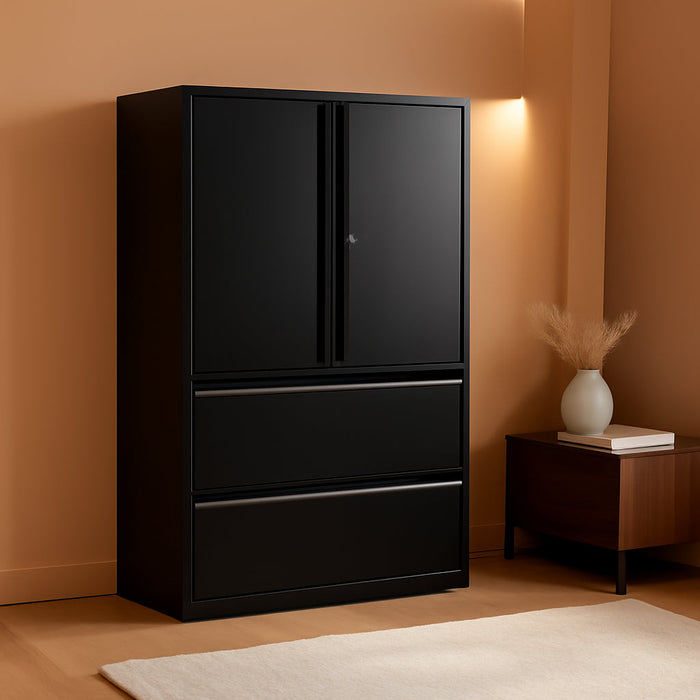 Brigade 800 Series Lateral File Cabinet with Storage, Letter/Legal, 2-Drawer, Black, 19 1/4" D