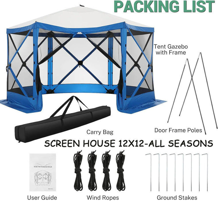 12X12 Pop up Canopy Gazebo, Outdoor Canopy Tent Screen House with 6 Sidewalls and Netting for Camping, Waterproof, UV Resistant, Ez Set-Up Party Tent with Carrying Bag and Ground Stakes,Blue