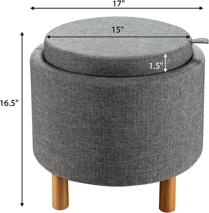 round Storage Ottoman with Tray Lid, Accent Storage Footstool W/Soft Padding, Fabric Sitting Stool W/Solid Wood Legs & Non-Slip Pads, Tray Top Coffee Table for Living Room, Bedroom (Grey)
