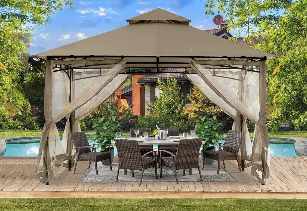 Gazebos for Patios 10X12 - Outdoor Steel Frame Gazebo with Mosquito Netting for Lawn Backyard Garden Deck (Khaki)