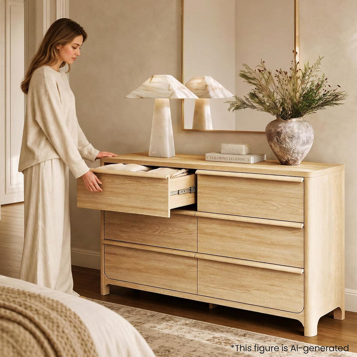 6 Drawer Dresser for Bedroom, 57" Wide Chest of Drawers, Natural