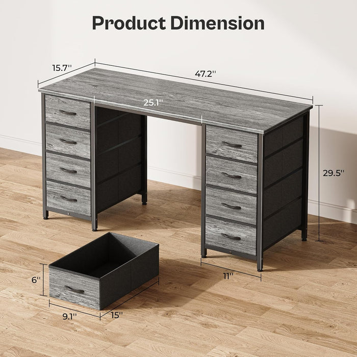 47 Inch Computer Desk with 8 Drawers, Office Desk Work Desk for Home Office, Study, Gaming Desk with Fabric Drawers, Large Storage, Grey