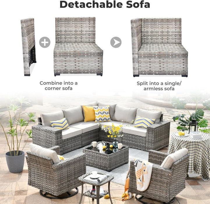 9 Pieces Patio Furniture Set, Outdoor Wicker Sectional Sofa with 2 Swivel Chairs Coffee Table, Modern Modular Deep Seat Rattan Couch Conversation Sets, Beige