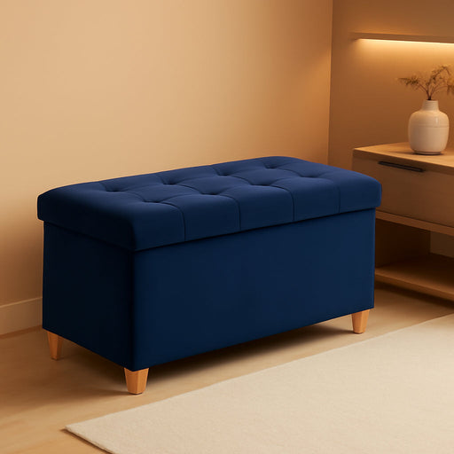 30 Inches Folding Storage Ottoman Bench, Velvet Storage Chest, Footrest Couch with Wooden Legs, Support 350Lbs for Bedroom, Living Room, Hallway, Navy Blue