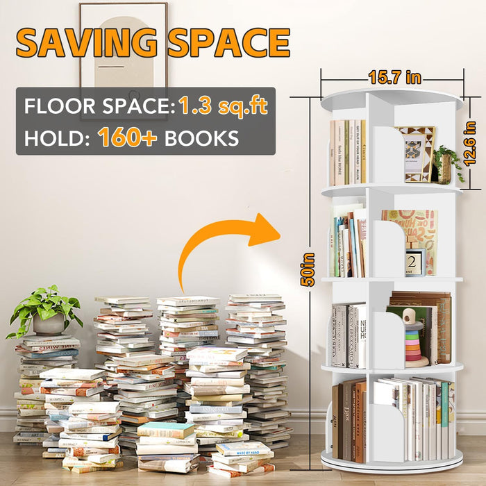 White 4 Tier Rotating Bookshelf Tower StorageSolution